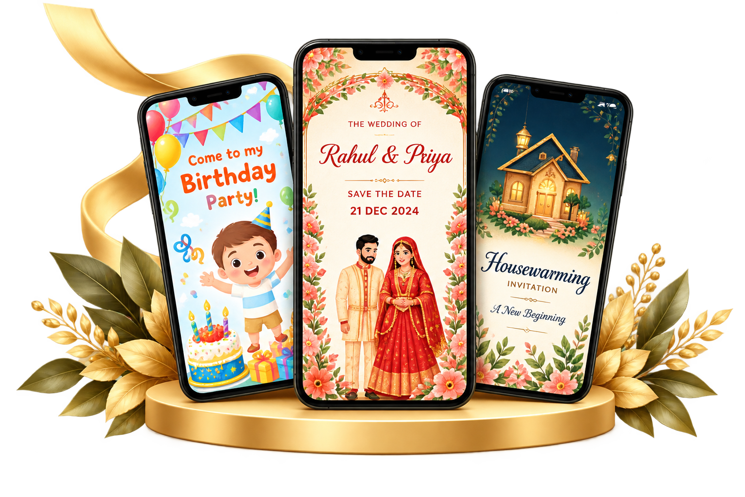Birthday, floral wedding and housewarming invitation mockups with gold ribbons