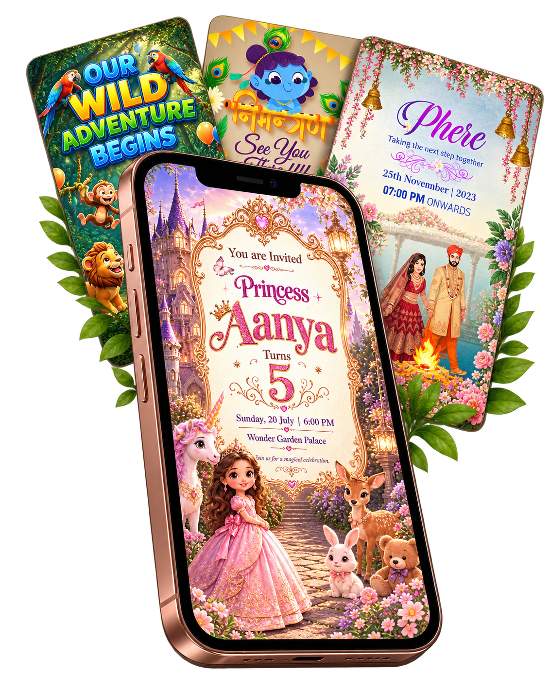 3VIDEO Princess birthday invitation on a rose-gold phone, with Jungle, Krishna and wedding invitation cards