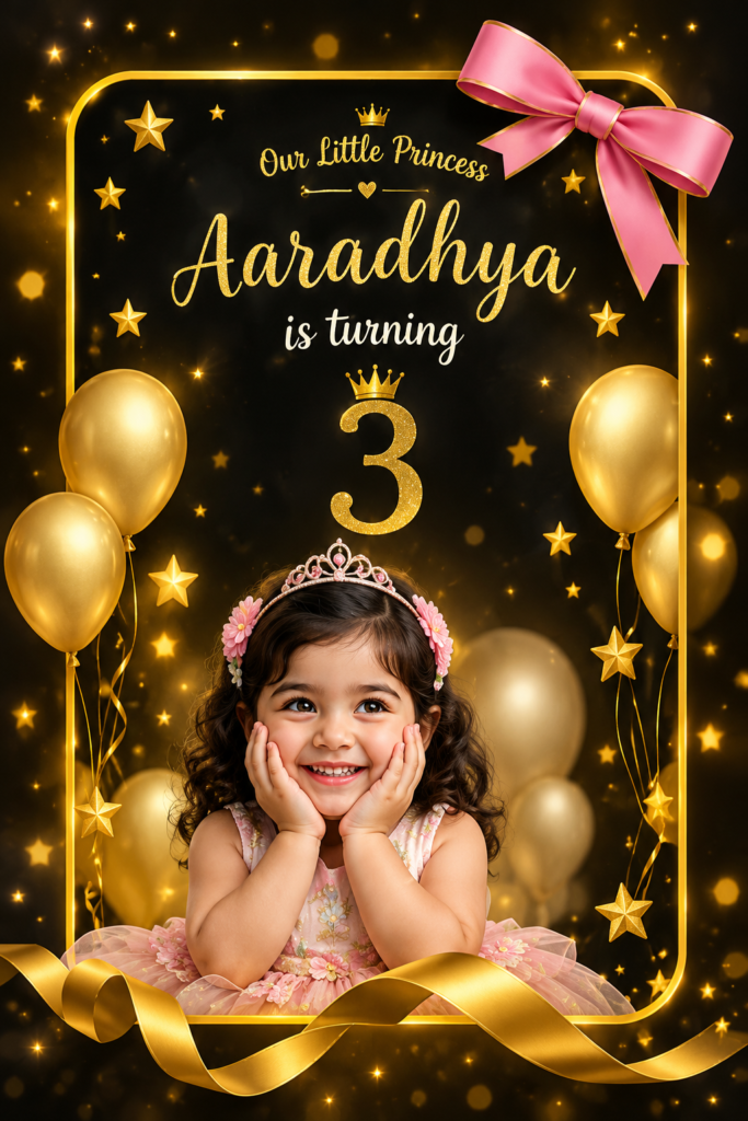 Illustrative personalized birthday invitation with gold balloons, a pink ribbon and a child’s photo